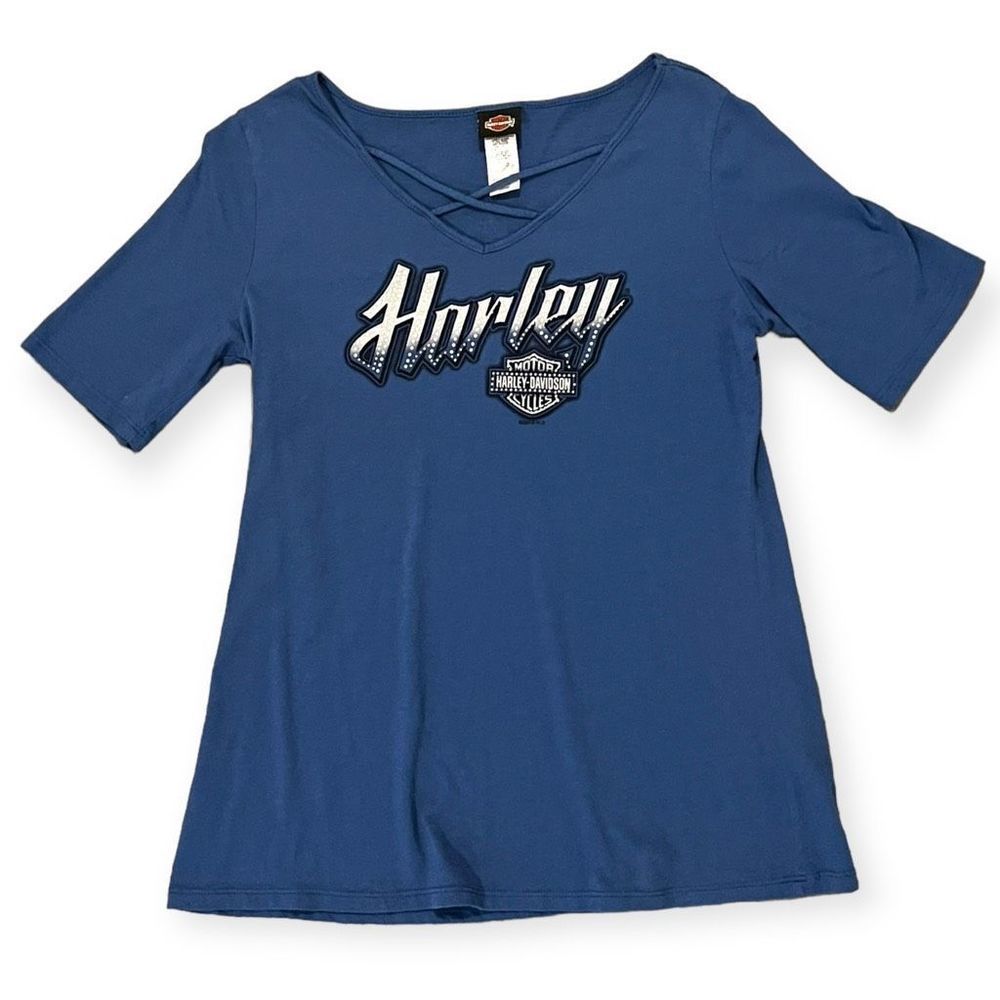 Harley Davidson Criss Cross Blue Tee Size L